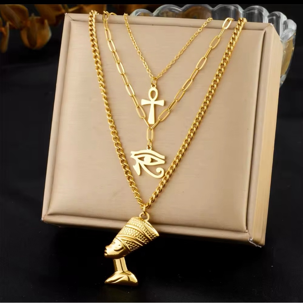 Egyptian Gold Layered Necklace Set Stainless Steel - Picture 3 of 6